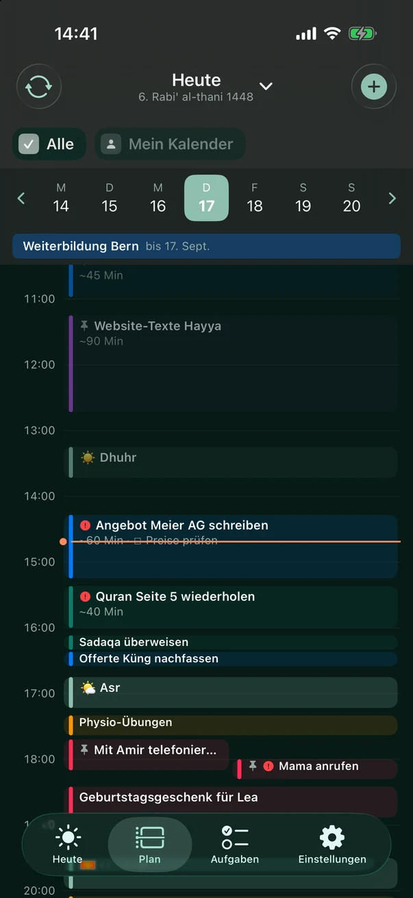 Plan-Tab: Gebetsblöcke, Termine und Aufgaben auf der Zeitachse