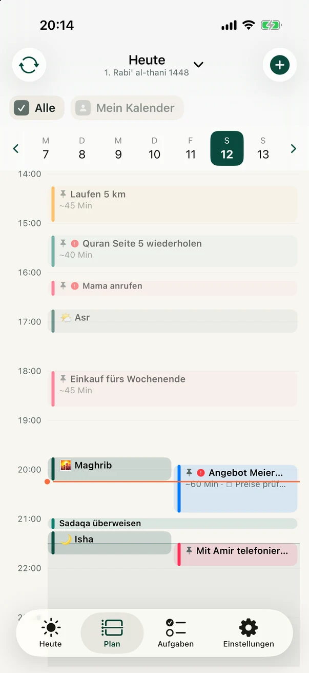 Plan-Tab hell: Aufgabenblöcke zwischen den Gebeten