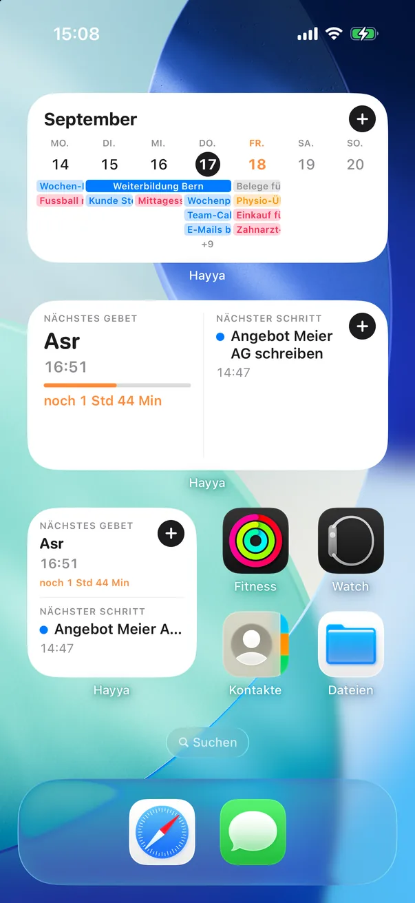 Homescreen mit den drei Hayya-Widgets